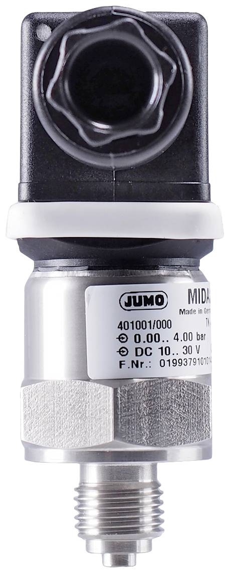Drucksensor mit dem Aufdruck 'JUMO MIDAS'. Zeigt Messbereich 0,00 - 4,00 bar und Betriebsspannung DC 10...30 V.