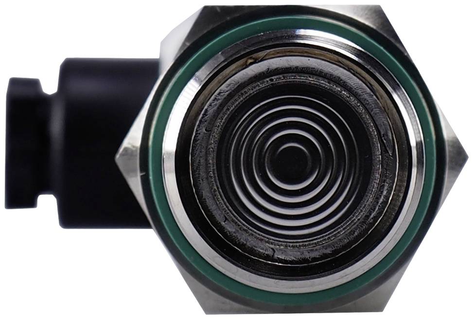 Metallsensor mit kreisförmigen Elementen, hexagonaler Umrandung und schwarzem Anschluss, geeignet für Druckmessungen.
