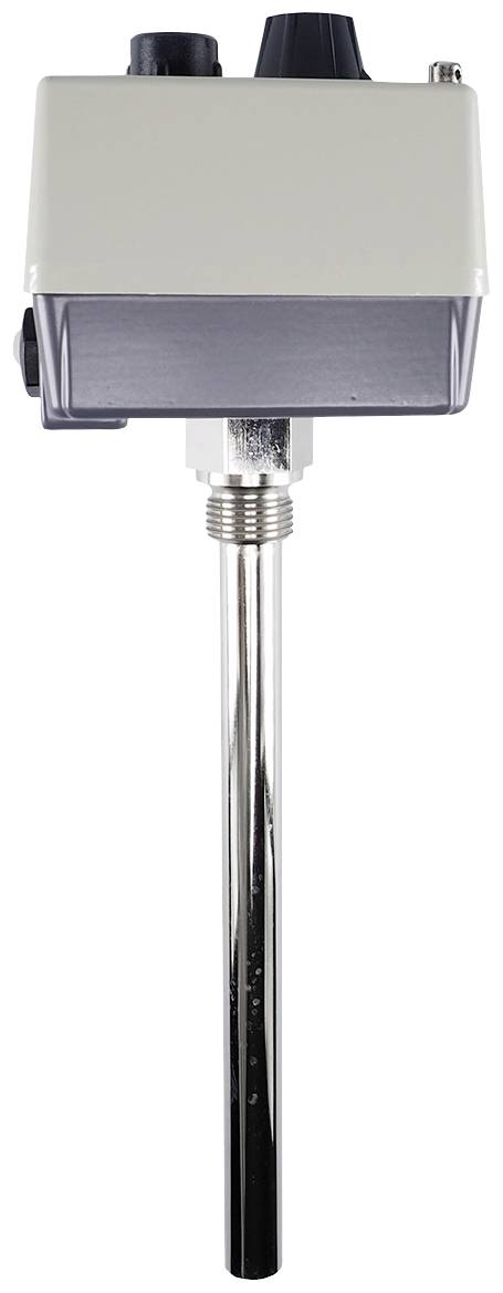Ein Temperaturfühler mit Metallsonde und rechteckigem Gehäuse, verwendet zur Messung und Kontrolle von Temperaturen in technischen Systemen.