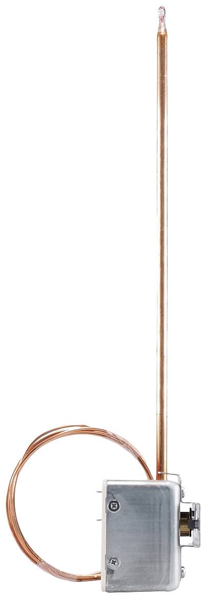 Kupferrohr mit Knick an einem Kasten, vermutlich eine Temperaturfühler- oder Heizungskomponente.