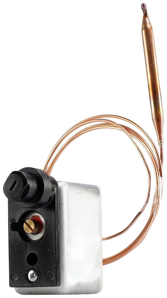 Thermostat mit Kupferfühler und Kabel, zur Temperaturregelung in Heiz- oder Kühlsystemen. Enthält Einstellknopf und Skala.