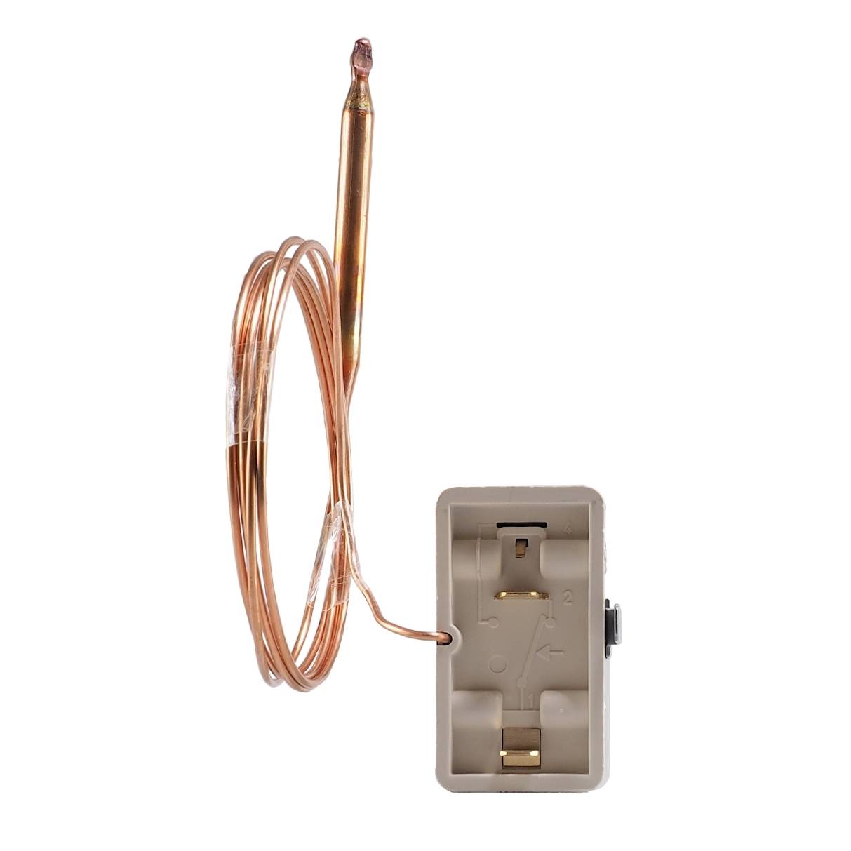 Ein Kupferrohrthermostat mit einem langen Rohr und einer Kunststoffhalterung. Wird in Heizsystemen zur Temperaturregelung verwendet.
