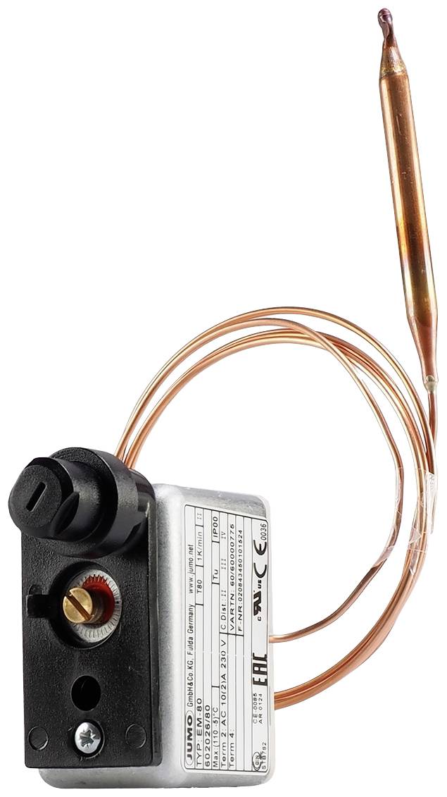Ein Temperaturregler mit Kupferkapillare und Sonde zur Steuerung und Überwachung von Heiz- oder Kühlsystemen.