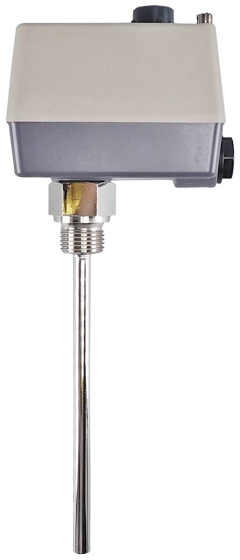 Temperatursensor mit langem Metallfühler, grauem und weißem Gehäuse. Geeignet zur Überwachung von Temperatur in technischen Anwendungen.