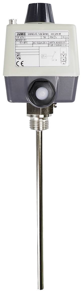 Temperaturfühler mit langem metallischen Fühlerstab und weiß-grauem Gehäuse mit Etikett.