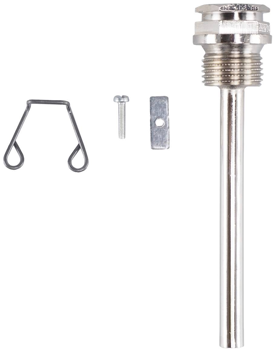 Ein Metallsondenhalter mit langem Gewinde, einem Sicherungsclip, einer Schraube und einer Halteplatte auf weißem Hintergrund.