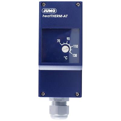 Thermostat 'heatTHERM-AT' von Jumo, blauer Kasten mit einem Zifferblatt von 70 bis 130°C, zeigt aktuellen Temperaturwert.