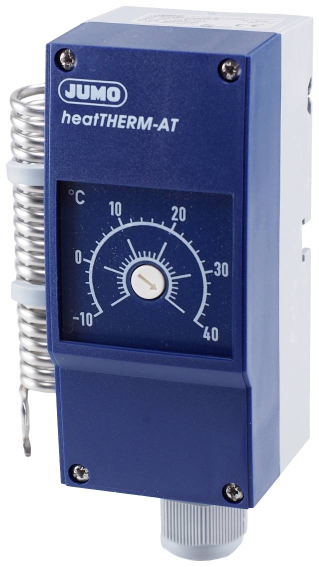 Ein blauer Thermostat mit der Aufschrift 'JUMO heatTHERM-AT', zeigt einen Temperaturbereich von 0 bis 40 Grad Celsius an.
