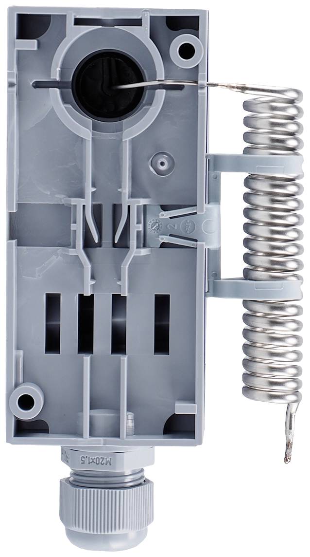 Graues technisches Gerät mit Spule an der Seite, mehreren Schlitzen und einem Kabelanschluss unten; industrielles Bauteil.