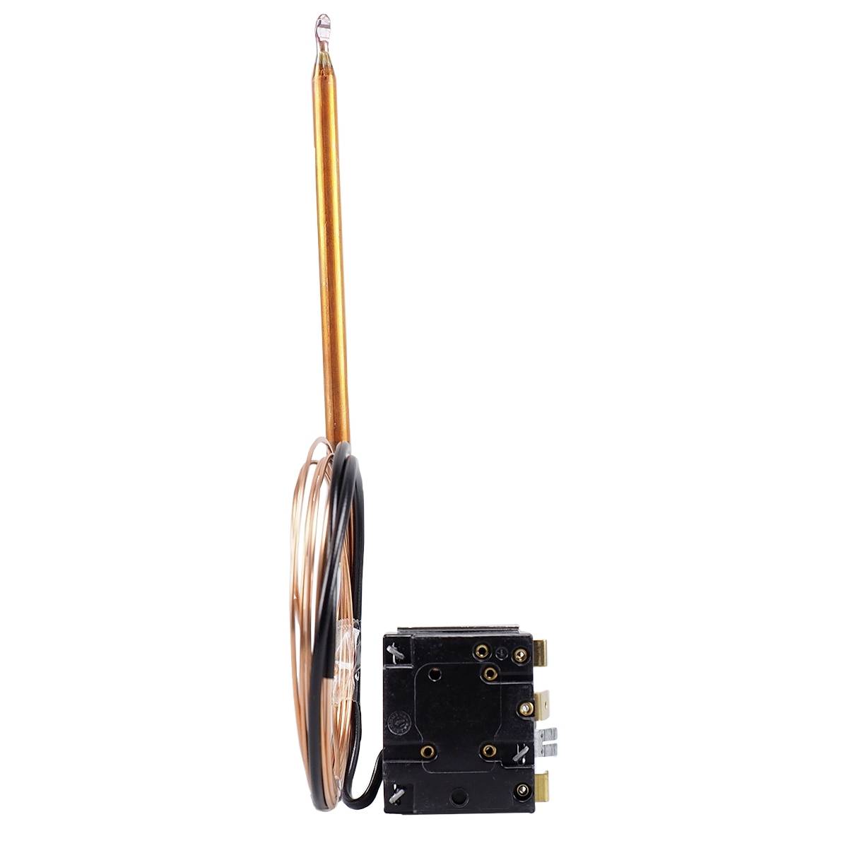 Ein Thermostat mit Kupfersensor und schwarzem Gehäuse, begleitet von Kabelanschlüssen, zur Temperaturregelung.