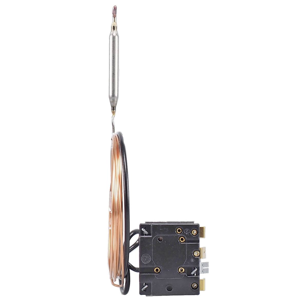 Ein mechanisches Thermostat mit einem Metallrohr, das an einem schwarzen Kunststoffgehäuse befestigt ist. Kupferdraht ist aufgewickelt.