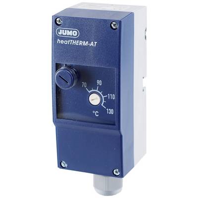 Temperaturregler von JUMO, Modell heatTHERM-AT, mit Skala von 0 bis 130°C und Drehknopf zur Einstellung der Temperatur.