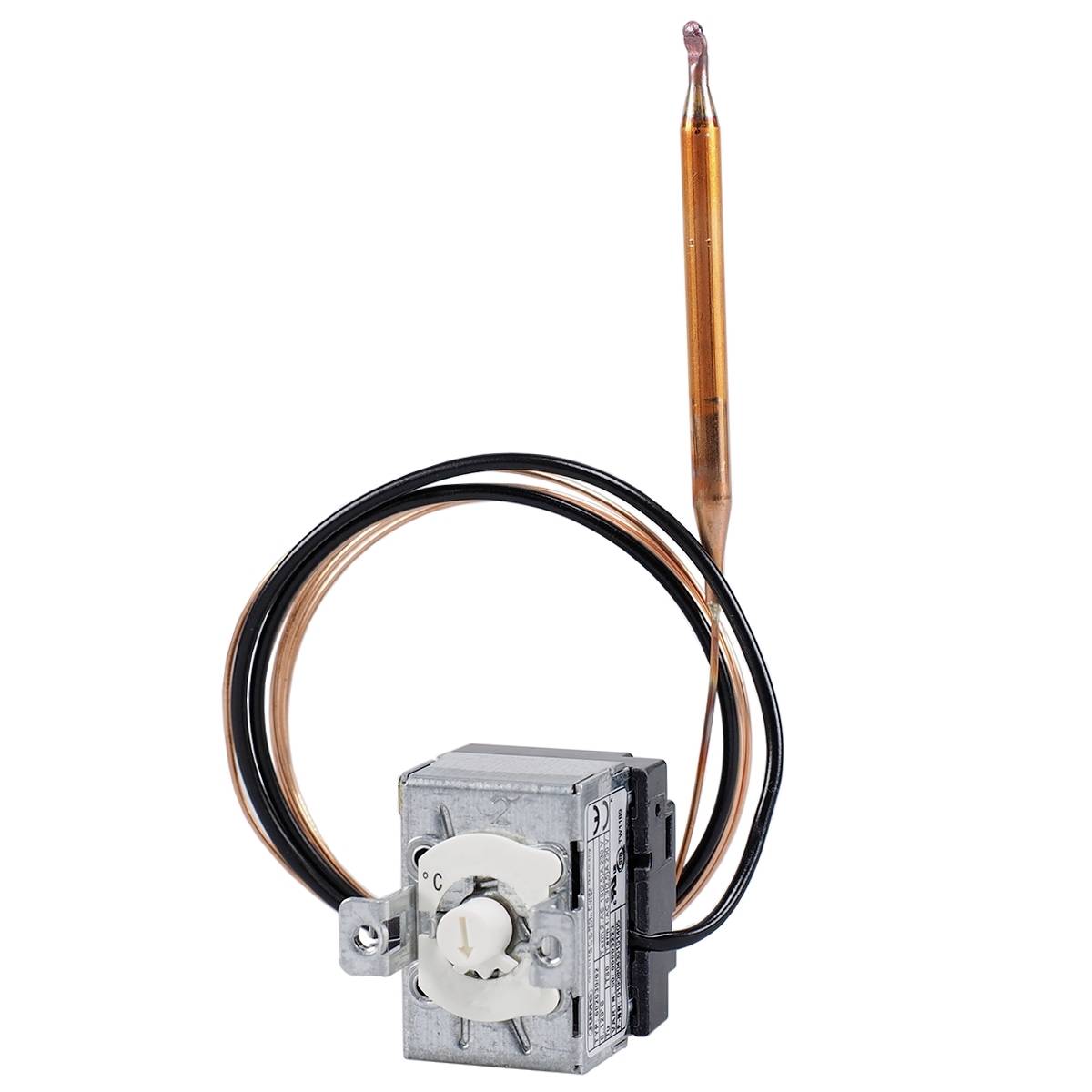 Ein analoger Thermostatregler mit einem Drehknopf und einem dünnen Kupferrohrsensor, der Temperaturänderungen erfasst.