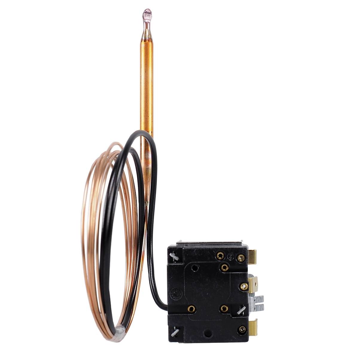 Kombination aus Kupferdraht, Sensor und schwarzer Komponente. Könnte zum Messen von Temperatur oder Druck dienen.