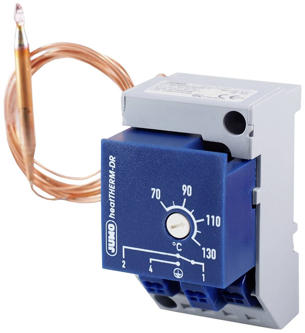 Ein blauer Thermostat mit Temperaturbereich von 60-130°C. Ein Kupferrohr ist an den Thermostat angeschlossen.