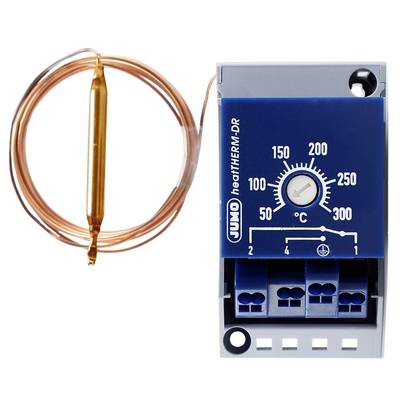 Thermostat mit blauem Ziffernblatt und Skala von 0 bis 300 Grad Celsius. Ein goldener Sensor ist mit einem Kupferdraht verbunden.