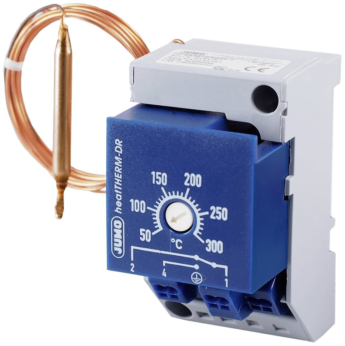 Ein Thermostat mit blauer Skala zeigt Temperaturen von 50 bis 300 °C an. Ein kupferner Fühler ist mit dem Gerät verbunden.