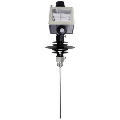 Temperatursensor mit langer Metallsonde, schwarzem Gehäuse und Einstellrad, geeignet für industrielle Anwendungen.