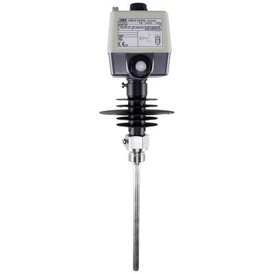Temperatursensor mit langem Metallfühler und Gehäuse für industrielle Anwendungen, inklusive Anschlussdetails auf dem Etikett.