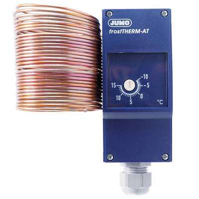 Ein frostTHERM-AT Thermostat mit blauer Hülle und Metallspule, Temperaturregler zeigt 0 °C.