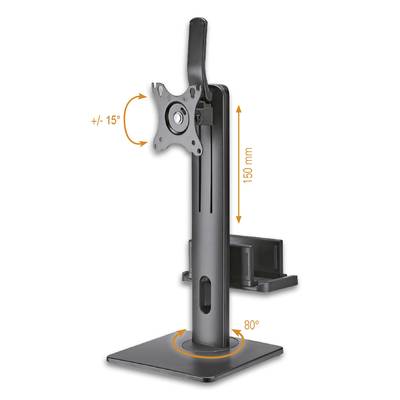 Verstellbarer Monitorständer aus Metall, neigbar um +/-15 Grad, höhenverstellbar um 150 mm, drehbar um 80 Grad.