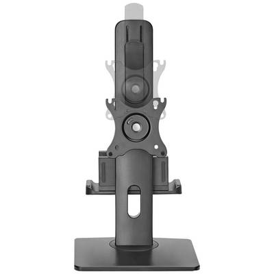 Ein schwarzer Monitorständer für die vertikale Ausrichtung, mit verstellbarem Höhenmechanismus und stabiler quadratischer Basis.