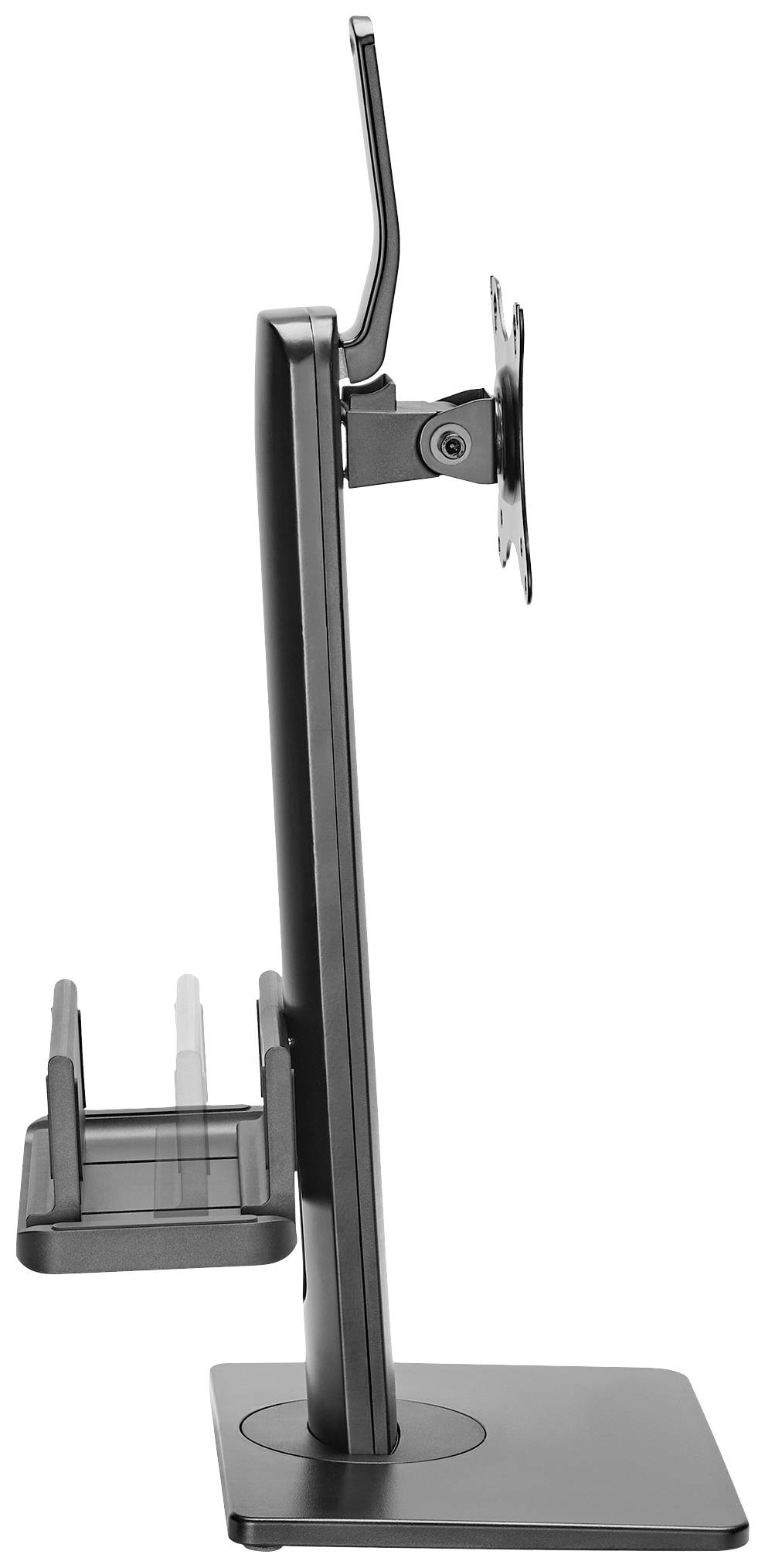 'Seitenansicht eines schwarzen Monitorständers mit schwenkbarer Halterung und kleiner Ablage auf der Rückseite.'