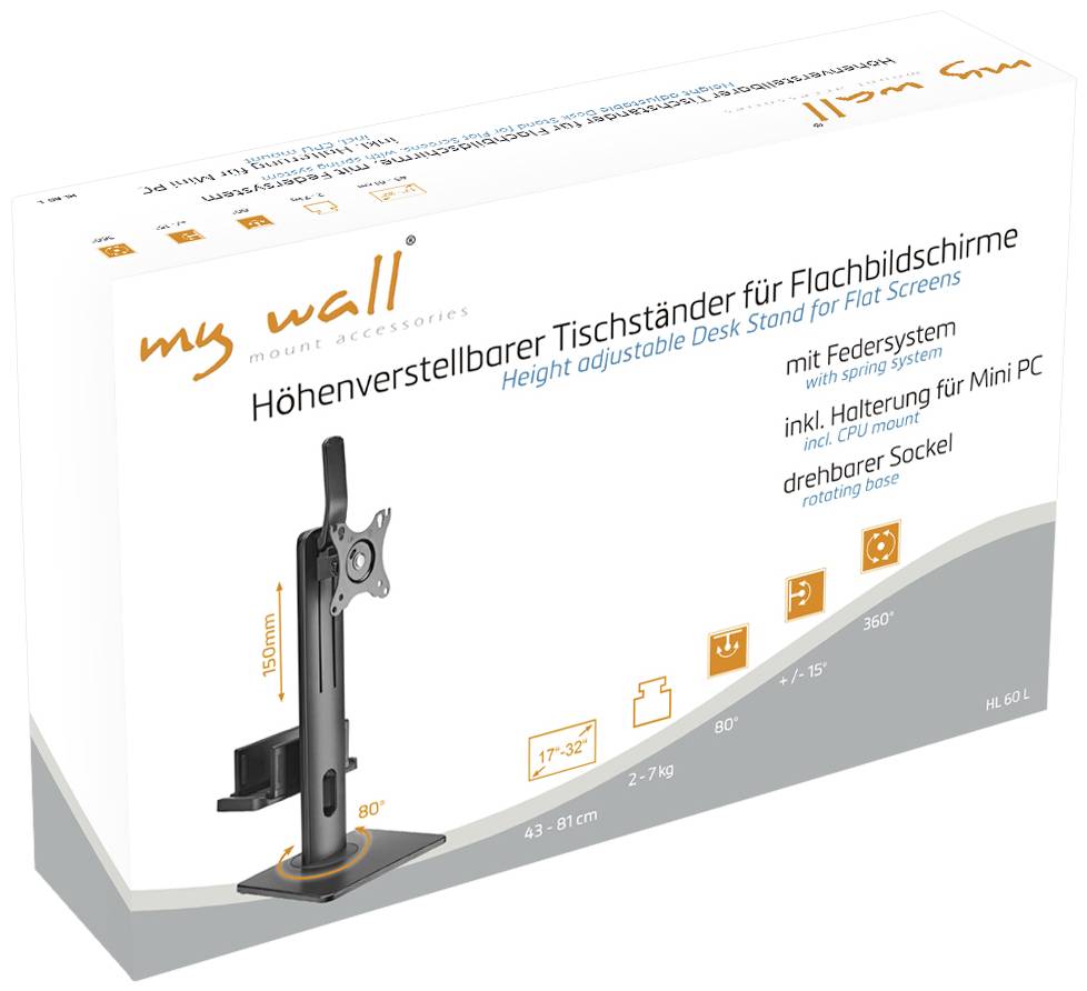 Eine Verpackung eines höhenverstellbaren Tischständers für Flachbildschirme. Enthält Federsystem, drehbaren Sockel und Halterung für Mini-PC.