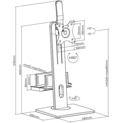 'Technische Zeichnung eines verstellbaren Monitorständers mit Maßen in Millimetern. Neigbare Halterung: +15° bis -15°, drehbar um 180°.'