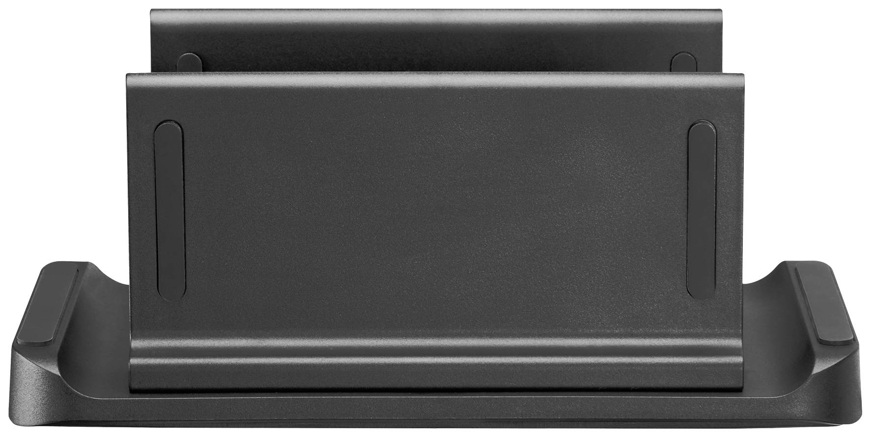 Ein schwarzer, rechteckiger Tablet- oder Handyhalter aus Kunststoff mit zwei abgetrennten Schlitzen zur Aufstellung von Geräten.