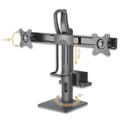 Doppelter Bildschirmhalter aus Metall mit Höhenmarkierung '155 mm' und Drehbewegungsbereich von '+/- 45°'.