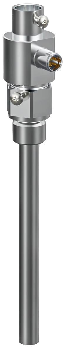 Ein metallisches Rohr mit Ventilen und Anschlüssen, vermutlich Teil einer industriellen Anlage oder eines technischen Geräts.