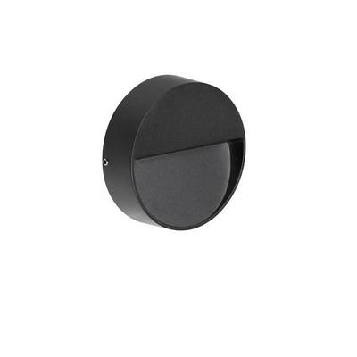 Schwarze, runde Wandlampe mit minimalistischen Design und glatter Oberfläche, seitlicher Lichtausstrahlung.