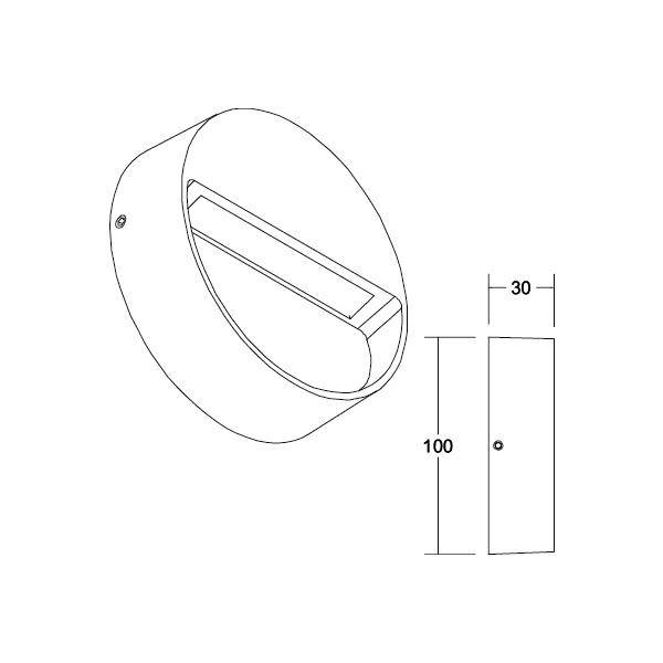 Linealzeichnung einer runden Leuchte mit Wandmontage. Die Abmessungen sind 100 mm Durchmesser und 30 mm Tiefe.