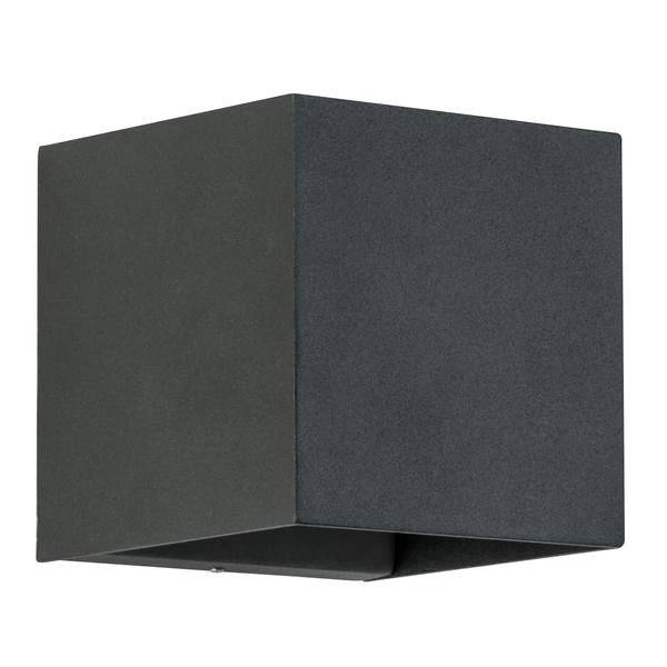 Eine schwarze, würfelförmige Wandleuchte aus Metall, schlicht und modern im Design. Geeignet für Innen- und Außenbereiche.