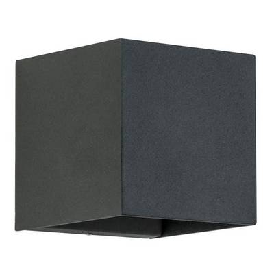 Eine schwarze, würfelförmige Wandleuchte aus Metall, schlicht und modern im Design. Geeignet für Innen- und Außenbereiche.