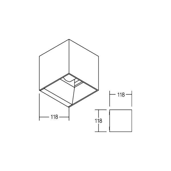 Skizze einer quadratischen Deckenleuchte mit Maßen 118 x 118 mm. Zeigt Draufsicht und Seitenansicht.