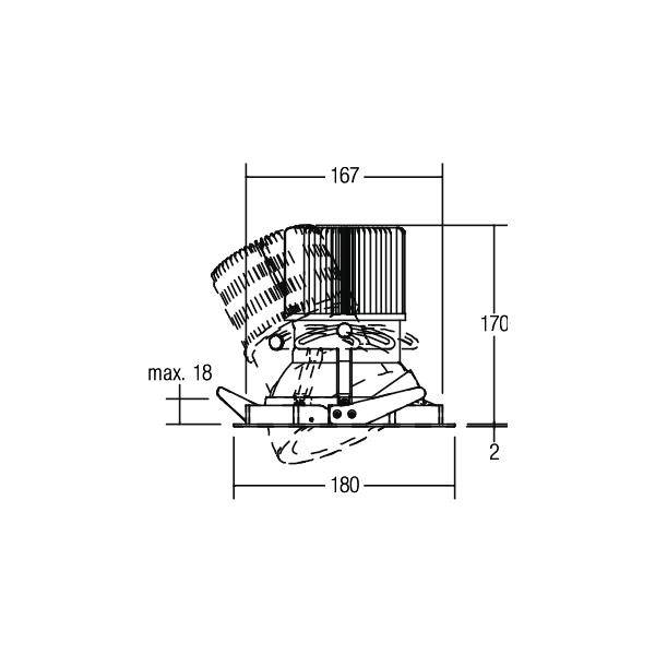 Seitenansicht einer technischen Zeichnung eines Mehrzweckgeräts mit Abmessungen: 167 mm Breite, 170 mm Höhe, 180 mm Länge, max. Neigung 18°.
