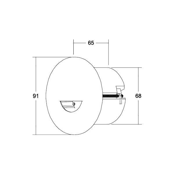 Technische Zeichnung eines zylindrischen Objekts mit den Maßen 65 mm (Breite), 68 mm (Tiefe) und 91 mm (Höhe). Links ein Teilquerschnitt.