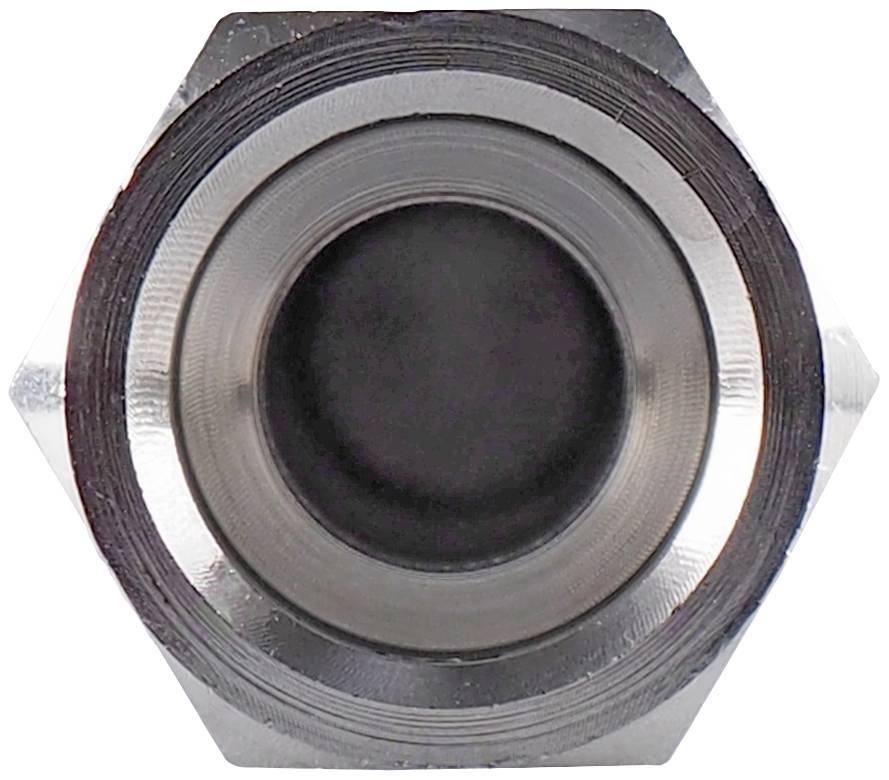 Nahaufnahme einer Metallschraubenmutter von oben, zeigt ihr sechseckiges Design und die kreisförmige Öffnung in der Mitte.