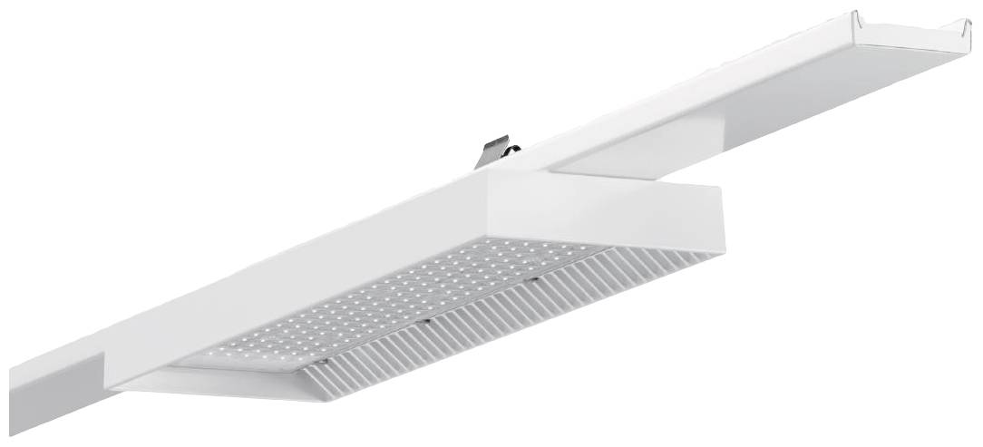 Ein modernes, weißes LED-Panel für die Deckenmontage, mit rechteckigem Design und perforierter Oberfläche zur Belüftung.