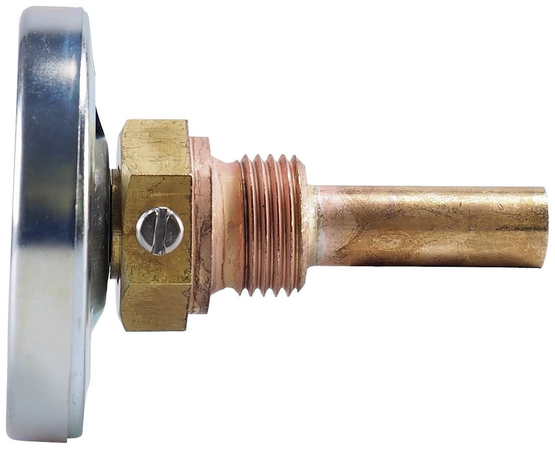 Ein Kupferthermoelement mit Messinganschluss und Metallkopf, wahrscheinlich für Temperaturmessungen in technischen Anwendungen.