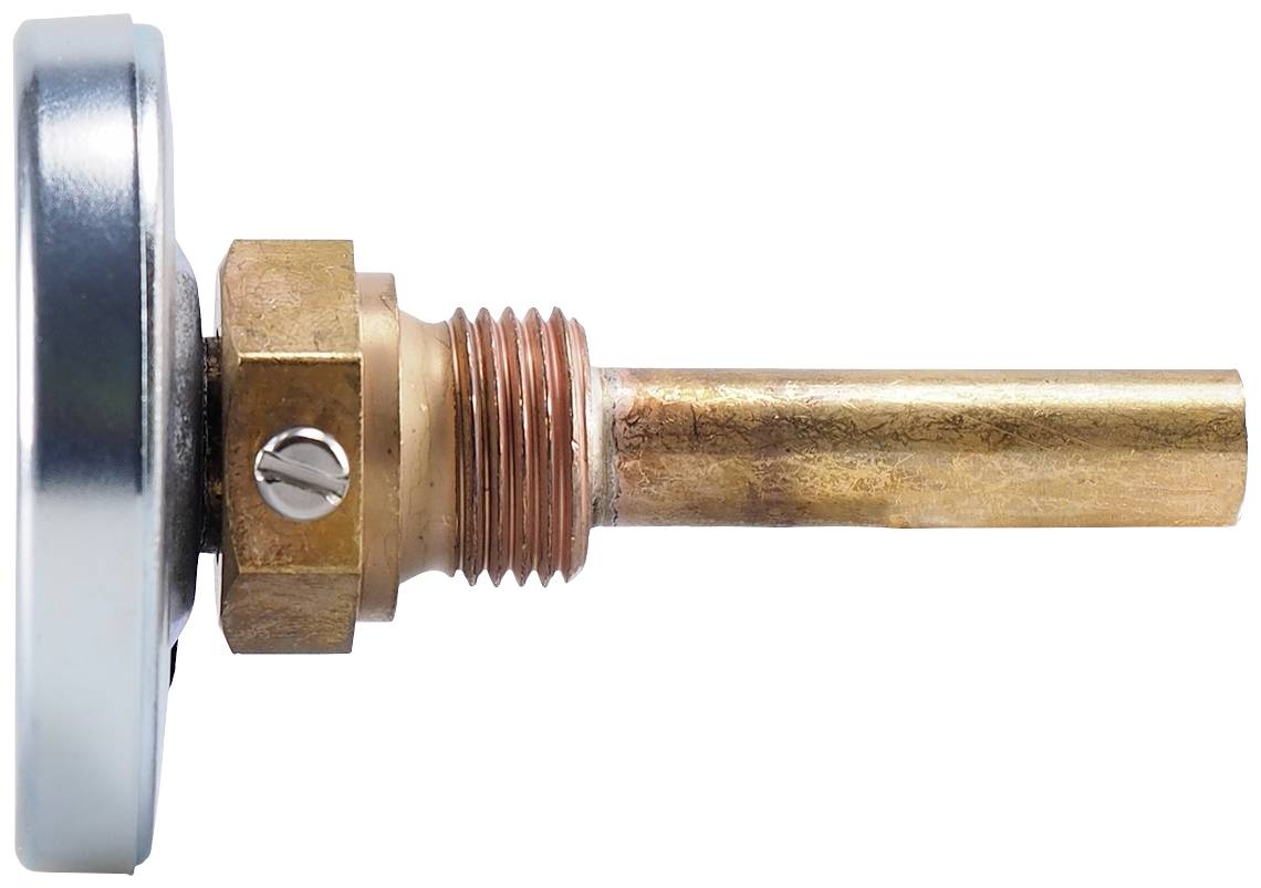 Ein Metallstab mit einem runden, flachen Kopf und einem Gewinde aus Kupfer, dient als Heizungs- oder Temperaturfühler.