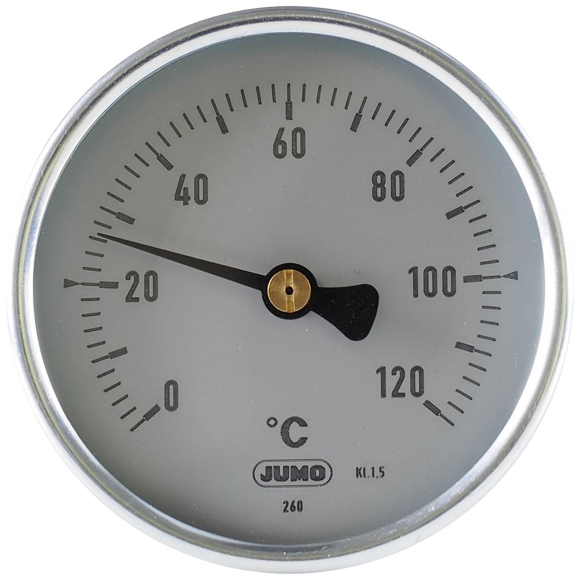 Ein Thermometer mit einer Skala von 0 bis 120 Grad Celsius. Der Zeiger zeigt auf ca. 20 Grad.