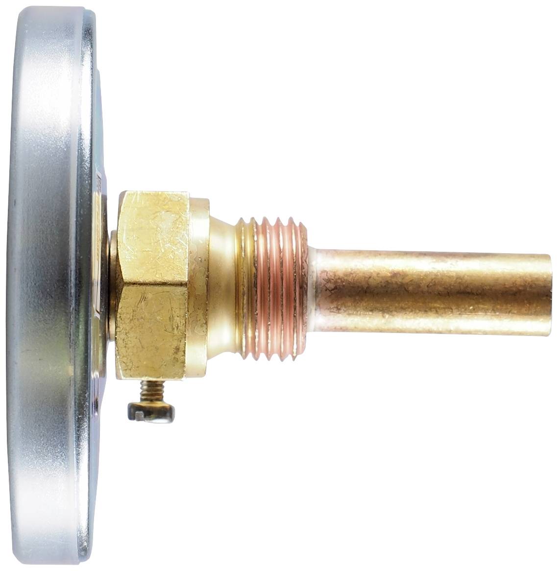 Seitenansicht eines Metallanschlussstücks mit zylindrischem Kupferrohr, befestigt durch ein goldfarbenes Gewinde und Schraube.