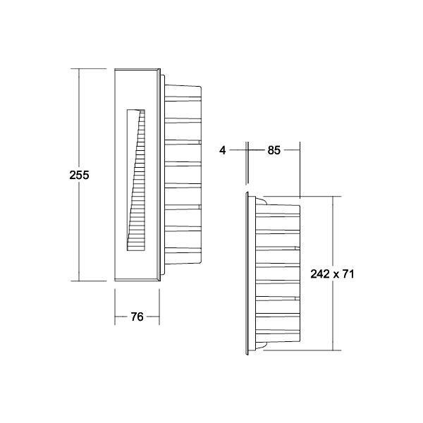 Technische Zeichnung eines rechteckigen Bauteils mit Abmessungen: 255 x 76 mm in der Breite und 242 x 71 mm in der Tiefe.