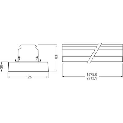 Technische Zeichnung eines rechteckigen Elements mit Maßen 30x126x83 mm. Die Gesamtlänge beträgt 2212,5 mm, sichtbar 1475 mm.