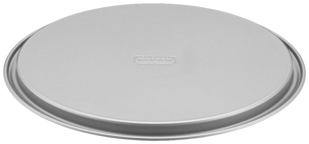 Eine runde, silberne Backform mit flachem Rand, geeignet für die Zubereitung von Pizza oder Fladenbrot.