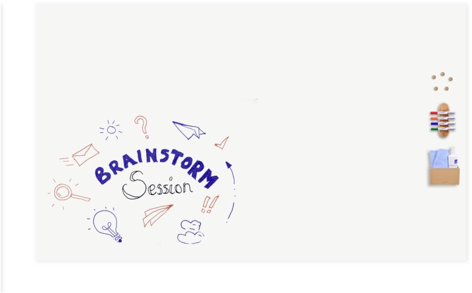Weiße Tafel mit dem Text 'Brainstorm Session'. Links sind gezeichnete Symbole wie Glühbirne, Fragezeichen und Pfeile zu sehen.
