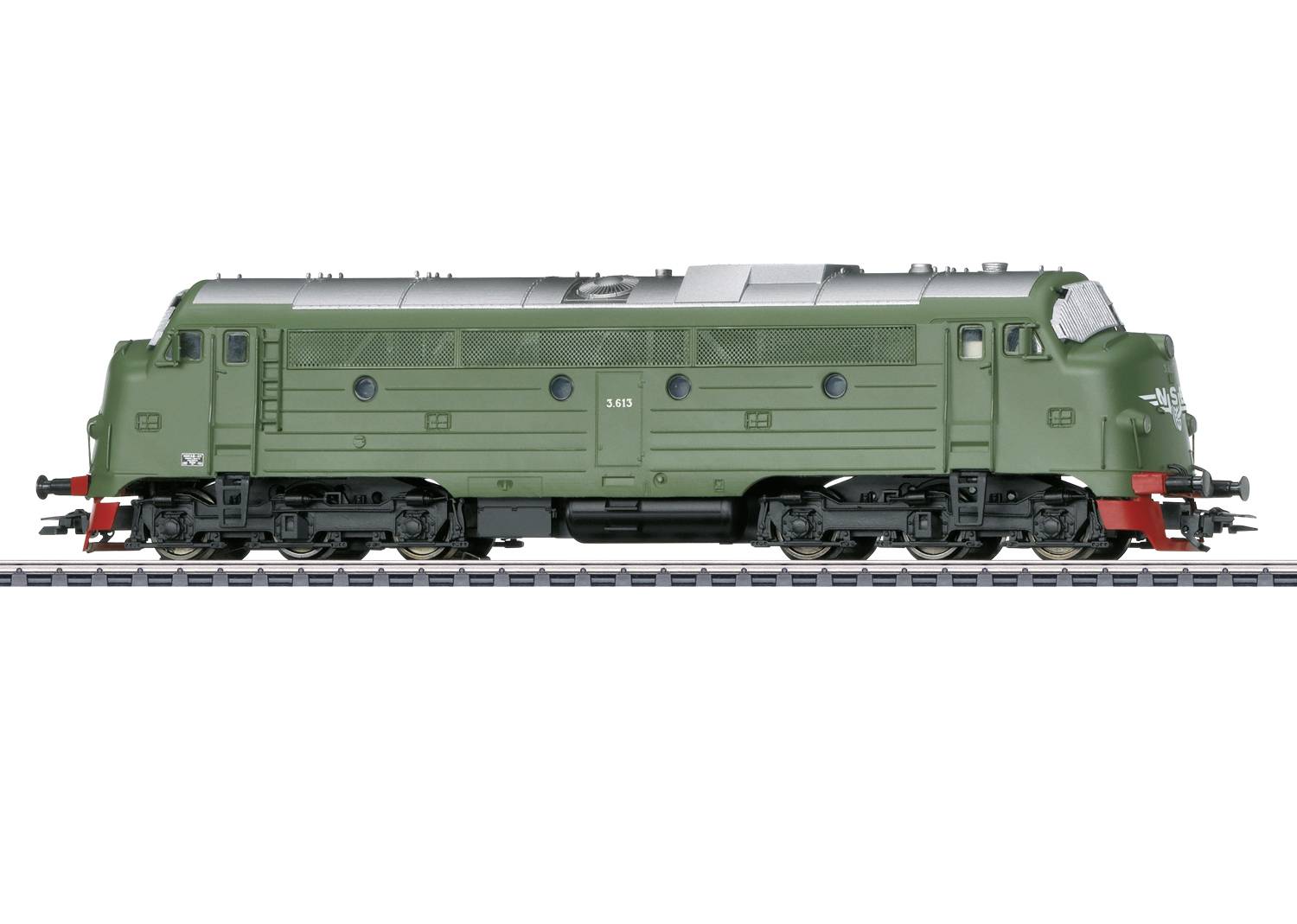 Grüner Modellzug mit der Beschriftung '5819' auf den Seiten, steht auf einem Schienenstück.